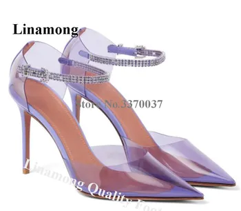 Фиолетовые Туфли-лодочки со стразами из ПВХ Linamong, Элегантные Прозрачные кристаллы, модельные туфли на шпильке с ремешками, Свадебные туфли на высоком каблуке