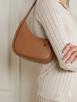 Женская роскошная повседневная сумка из натуральной кожи на молнии на одно плечо, простой стиль, однотонный дизайн на полмесяца, дорожная сумка большой емкости