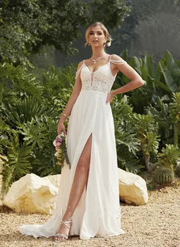 Белое свадебное платье на тонких бретельках с кружевной аппликацией, V-образный вырез, шлейф, Роскошное вечернее платье, Элегантное бальное платье принцессы