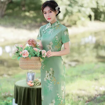 2023, Весеннее Свежее Молодежное Зеленое Праздничное платье Ципао в китайском стиле для женщин
