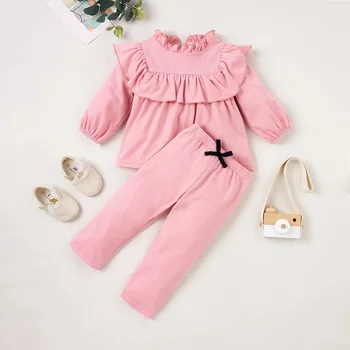 Одежда для Новорожденных 0-2 лет, Длинные Брюки с Длинными рукавами Для Девочек, Однотонный Минималистичный комплект из двух предметов