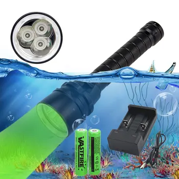 Профессиональный зеленый светодиодный фонарик для дайвинга Vastfire, подводный 100-метровый тактический фонарь, USB Перезаряжаемый фонарь, питание от батареи 18650