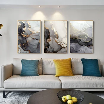 Роскошная абстрактная картина золотой акварелью на холсте, 3 панели, Современное настенное искусство, Домашний декор, Декоративные настенные панно для комнаты