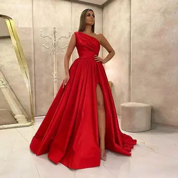 Сексуальное Красное атласное длинное вечернее платье на одно плечо, сшитое на заказ, вечерние платья с высоким разрезом для женщин