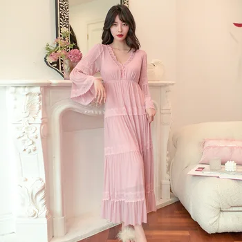 Модальная пижама с накладкой на грудь, женская весенне-летняя сетчатая марлевая рубашка с длинными рукавами, милая придворная ночная рубашка принцессы, кружевная сексуальная домашняя одежда