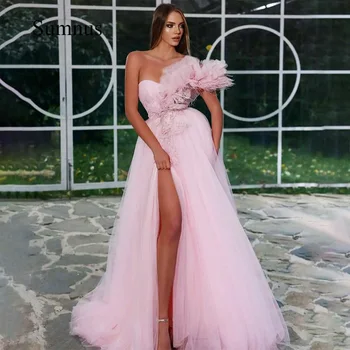 Розовое вечернее платье из тюля с перьями, с высоким разрезом, без рукавов, Трапециевидные платья для выпускного вечера, сексуальные женские платья для вечеринок, Robe de Soiree 2022