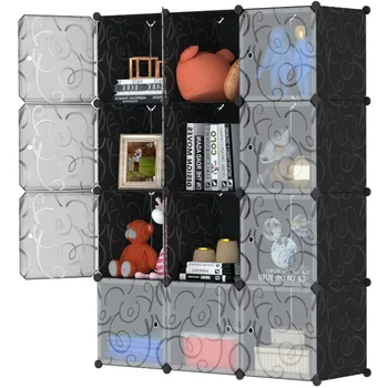 Хранилище SUGIFT Cube с Дверцами, Органайзер на 12 Кубов, Книжный шкаф, Полки для хранения Одежды, Черный (3x4 Кубика)