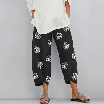 Женские Повседневные брюки с эластичным поясом и цветочным принтом, широкие брюки, красивые летние брюки, хлопчатобумажные брюки в стиле ретро в литературном стиле