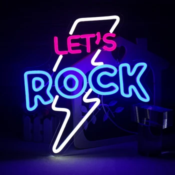 Неоновая вывеска Let's Rock Красочные светодиодные неоновые вывески для декора стен USB Неоновая студия рок-музыки Игровая комната Пивной клуб Подарки любителям Рока