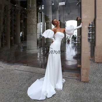 Простые свадебные платья с пышными рукавами, Атласные платья невесты Длиной до пола в стиле Русалки Для женщин, Плиссированное свадебное платье без бретелек с открытой спиной