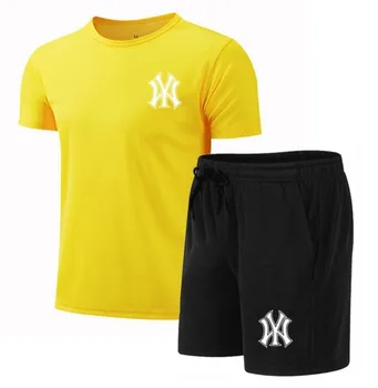 Летняя популярная мужская футболка 2023 + шорты, Удобный трендовый спортивный комплект с брендовым принтом, Повседневная мода, быстросохнущая, Короткий рукав
