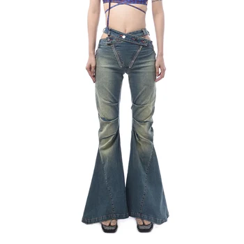 y2k модные летние новые женские джинсовые брюки в стиле ретро с перекрестной резинкой на талии, высококачественные выстиранные брюки-клеш с высокой талией