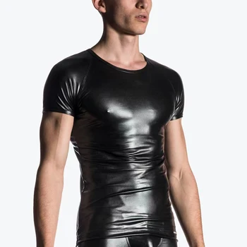 Мужская Эластичная футболка из искусственной кожи с коротким рукавом, тонкая футболка для выступлений в баре с мокрым эффектом, Тонкие мужские футболки